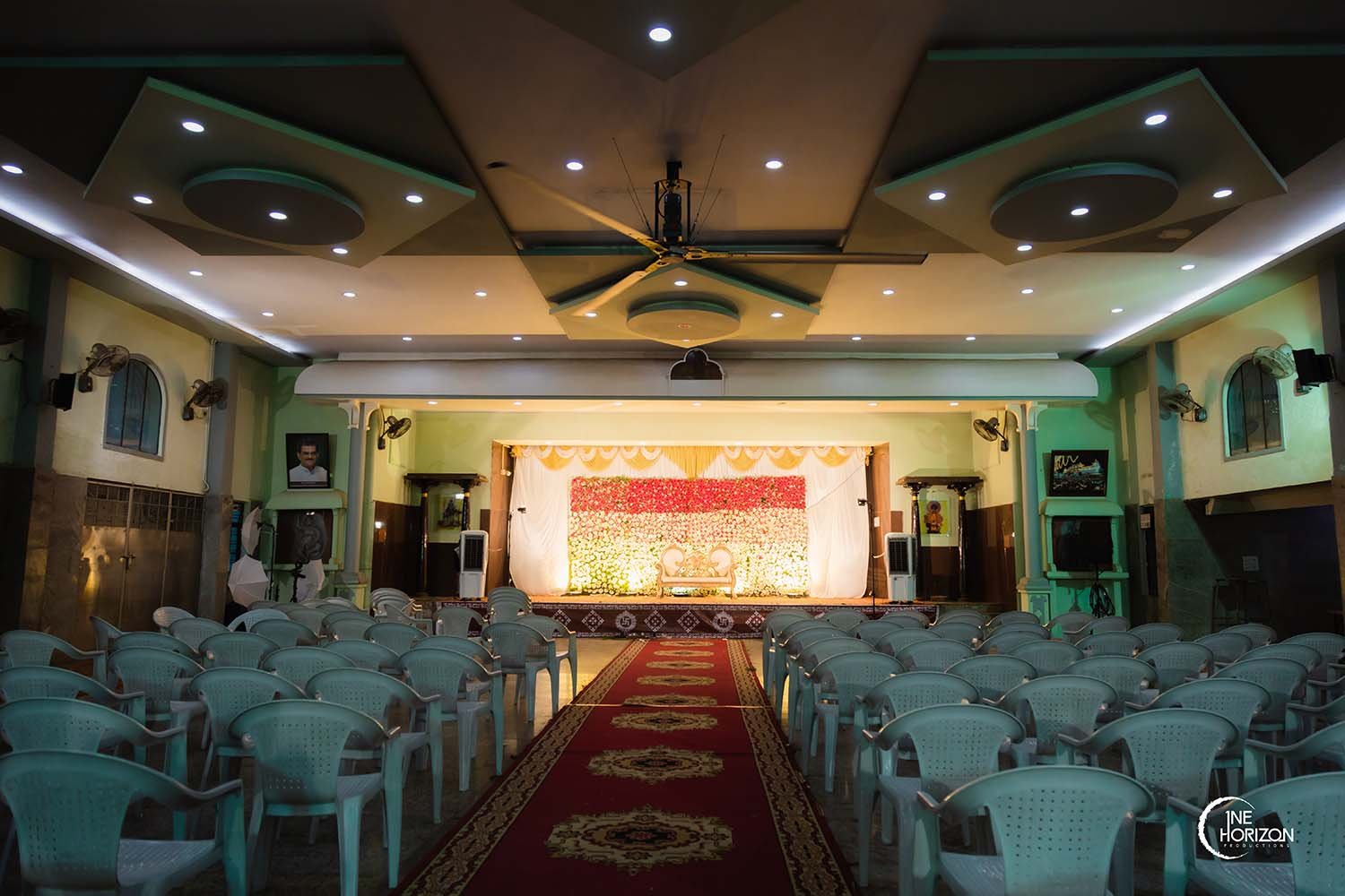 Banquet hall decorated for wedding reception