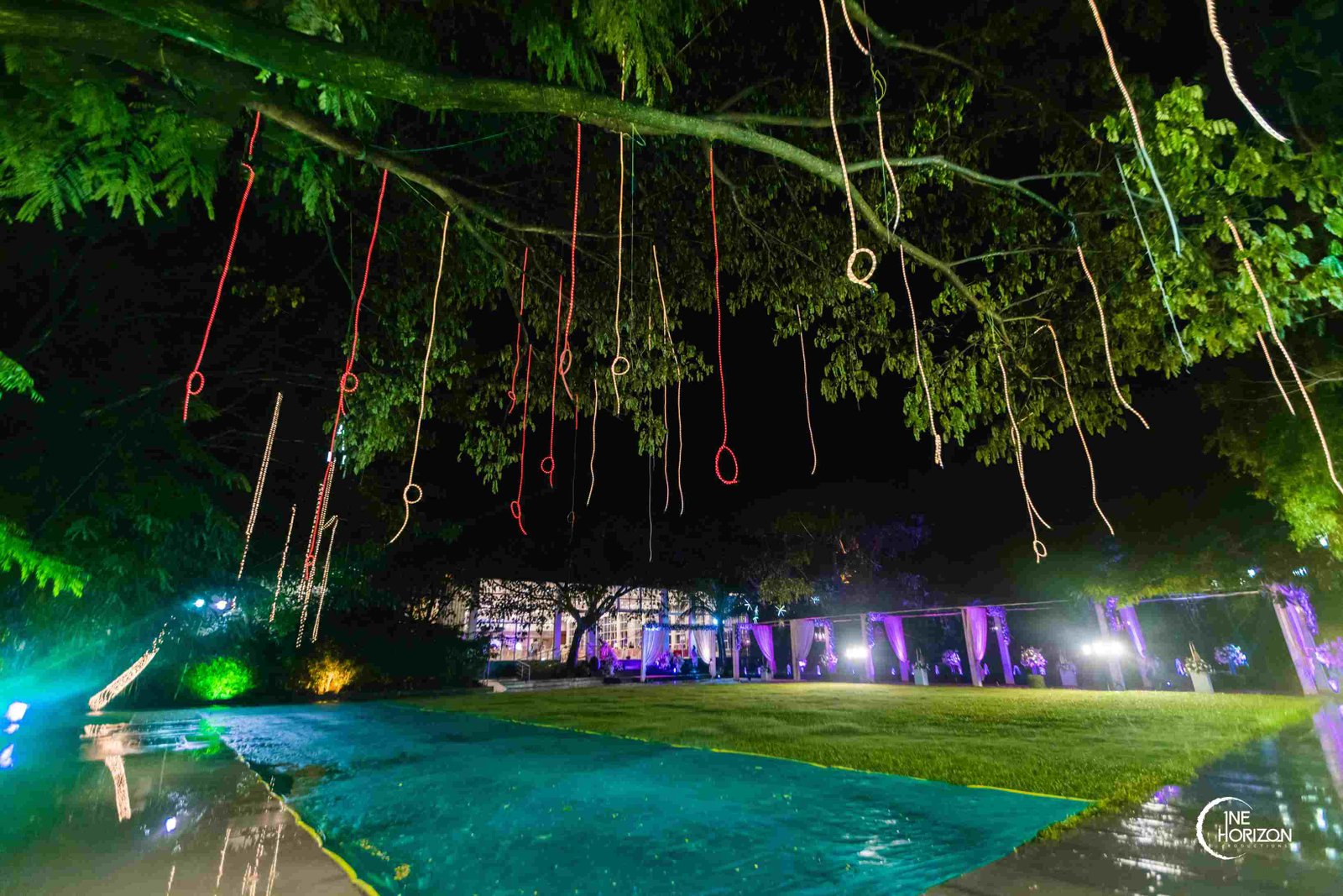 Night view of poolside and wedding lawn at White Petals, Palace Grounds Bangalore