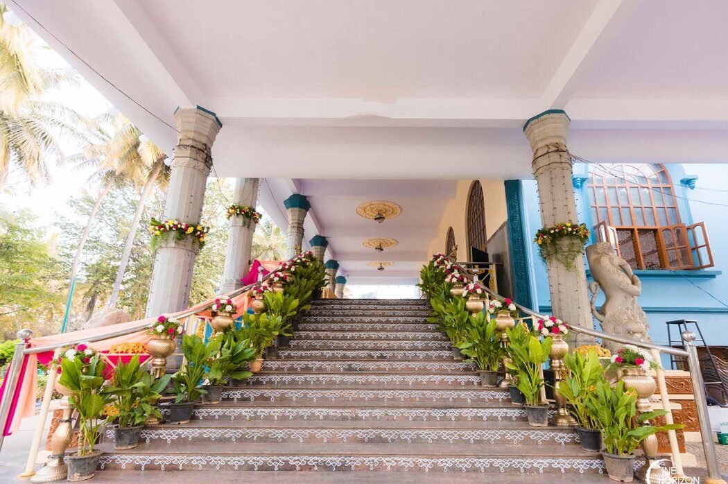Aesthetically decorated stairs at the entrance of Meenakshi Kalyana Mantapa in Bangalore
