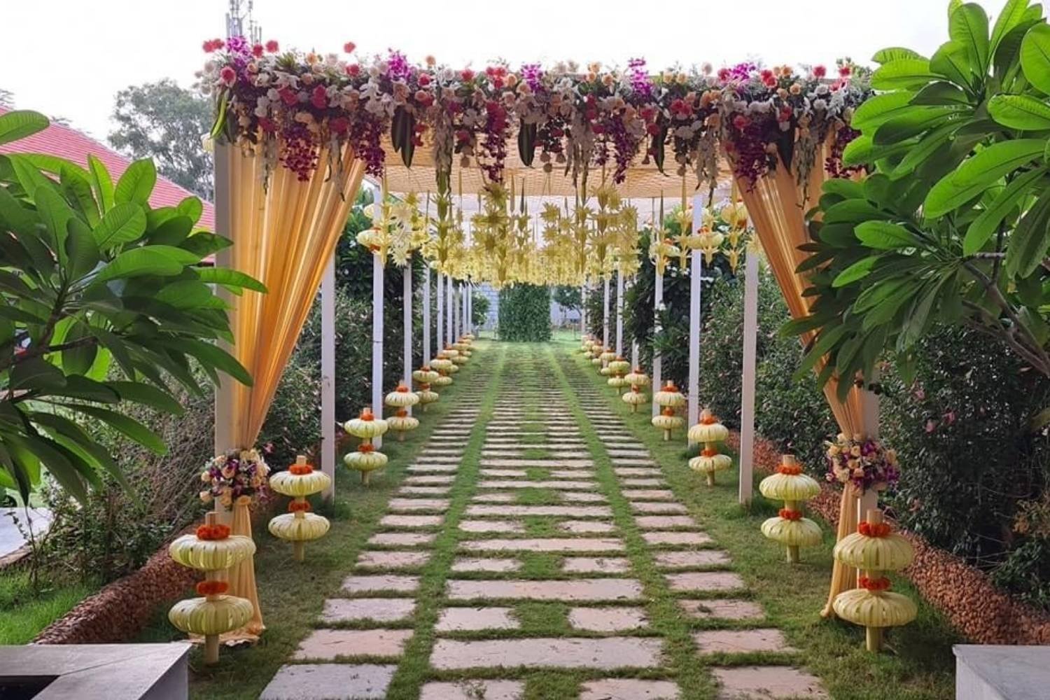 Entrance décor at Aadya Farms and Leisure, a marriage lawn in Bangalore