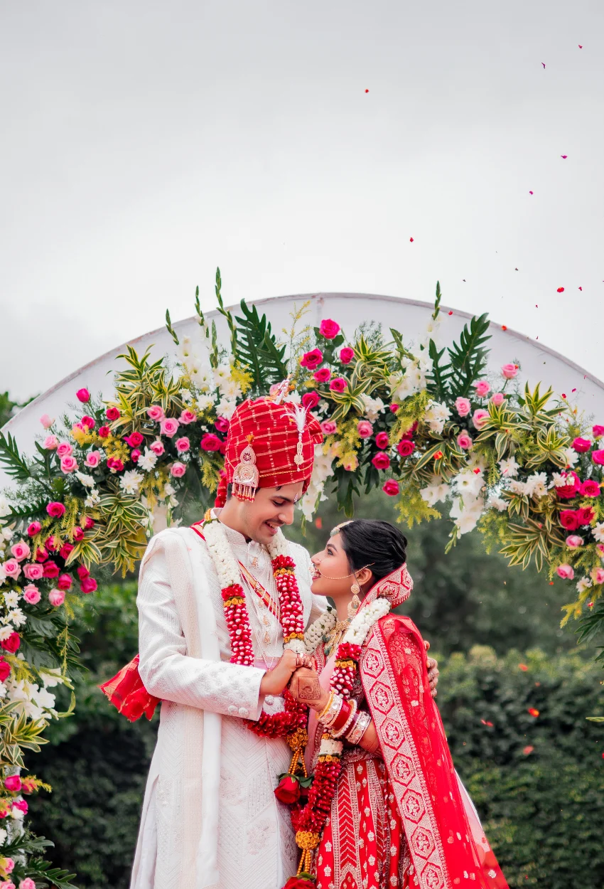 Cream and pink outfit wedding photography